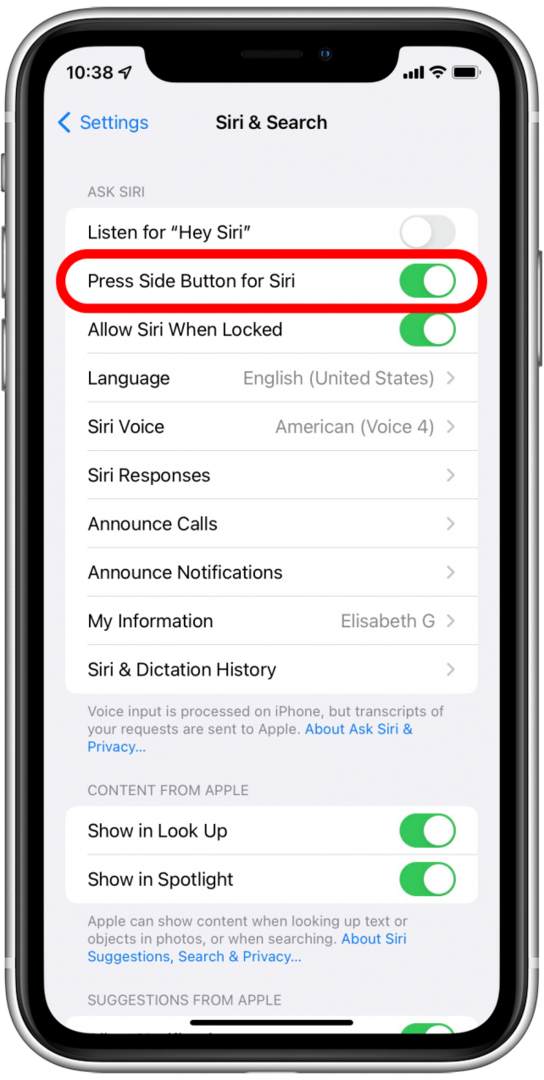 Переключить нажатие боковой кнопки для выключения Siri