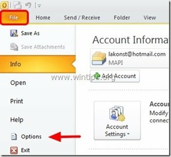 Outlook 2010 failu opcijas