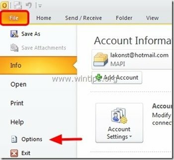 opções de arquivo do outlook 2010