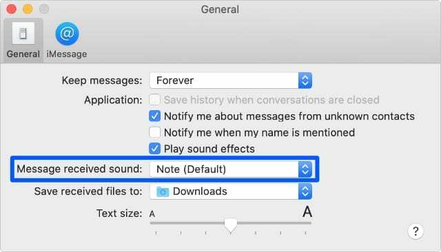 Opción de sonido de mensaje recibido en las preferencias de Mensajes en Mac