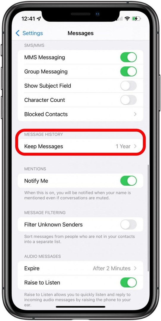 Bakstelėkite Keep Messages – teksto istorija iPhone