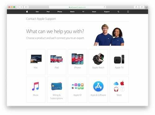 Snímek obrazovky webu Apple Get Support