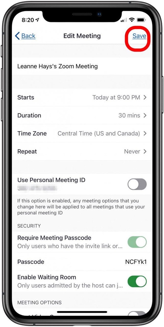 मीटिंग विकल्पों का संपादन समाप्त होने पर सहेजें पर टैप करें