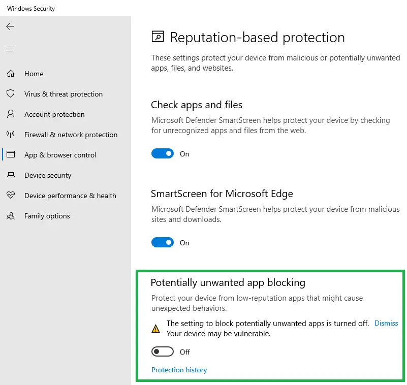 المدافع pua block windows 10