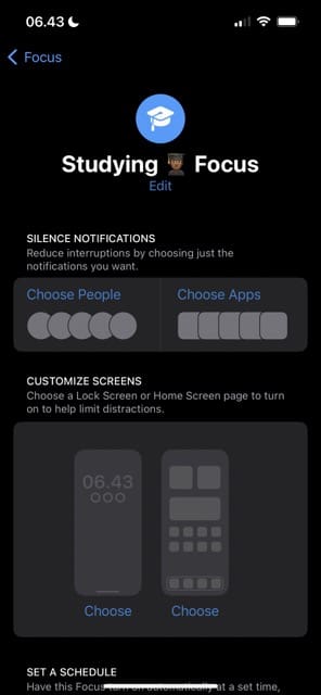 Snímek obrazovky zobrazující dokončený režim zaostření v systému iOS