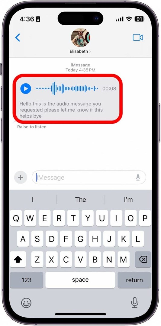 Wiadomość audio z aplikacji Wiadomości na iPhone'a z transkrypcją poniżej
