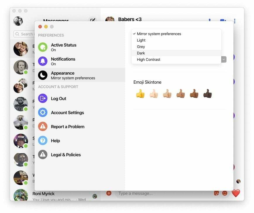 Opsi Tema Facebook Messenger di Mac