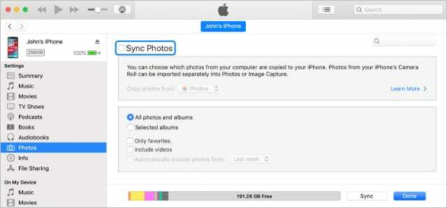 Stránka synchronizace fotografií z iTunes