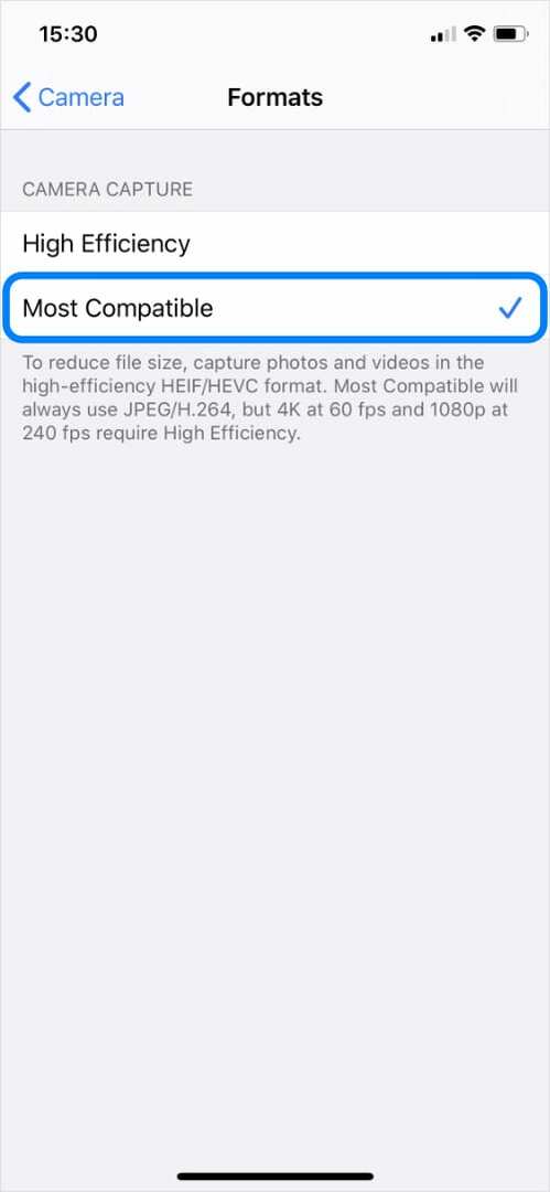 Option la plus compatible dans les paramètres de l'appareil photo de l'iPhone