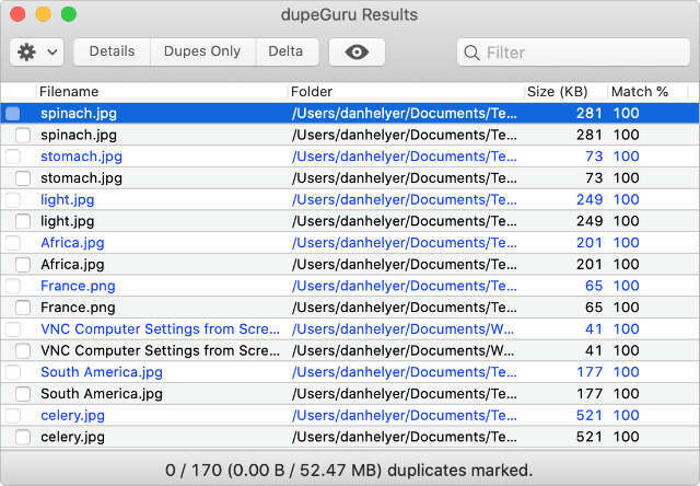 dupeGuru-Ergebnisse mit verschiedenen doppelten Mac-Dateien