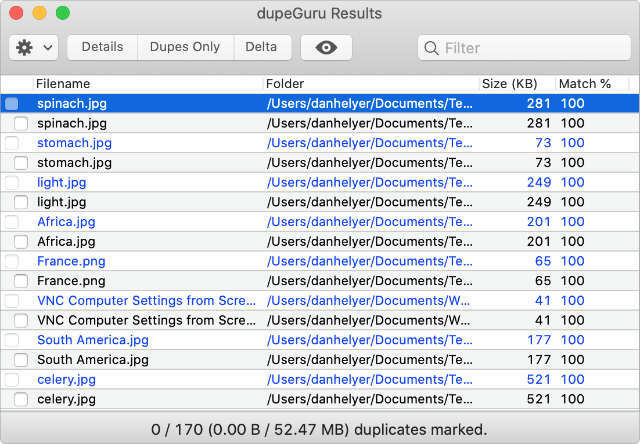 dupeGuru rezultati z različnimi podvojenimi datotekami Mac