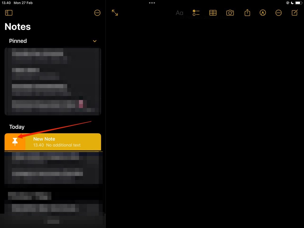 ekrānuzņēmums, kurā redzama piespraudes ikona uz iPad