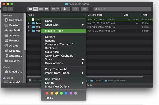sposta nel cestino i file della cache del database di Safari