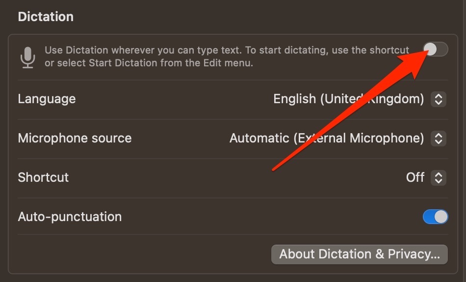 Snimka zaslona koja pokazuje kako omogućiti diktiranje na Macu