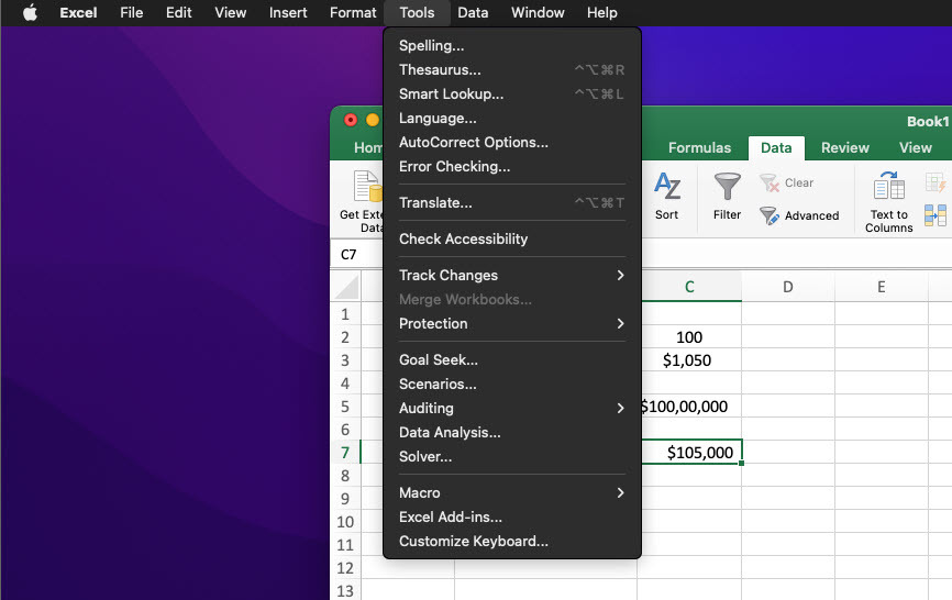 Mac의 Excel 앱 도구 모음에 있는 해 찾기 도구