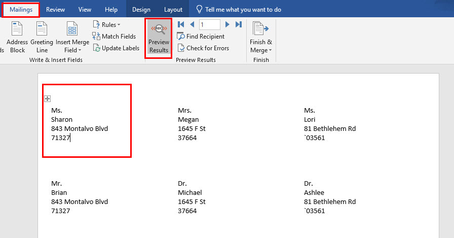 Klik på Eksempel på resultater for, hvordan du udskriver etiketter fra Excel ved hjælp af brevfletning i Word