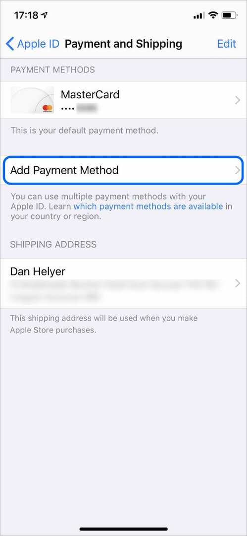 Apple ID iPhone에 새로운 결제 및 배송 정보 추가