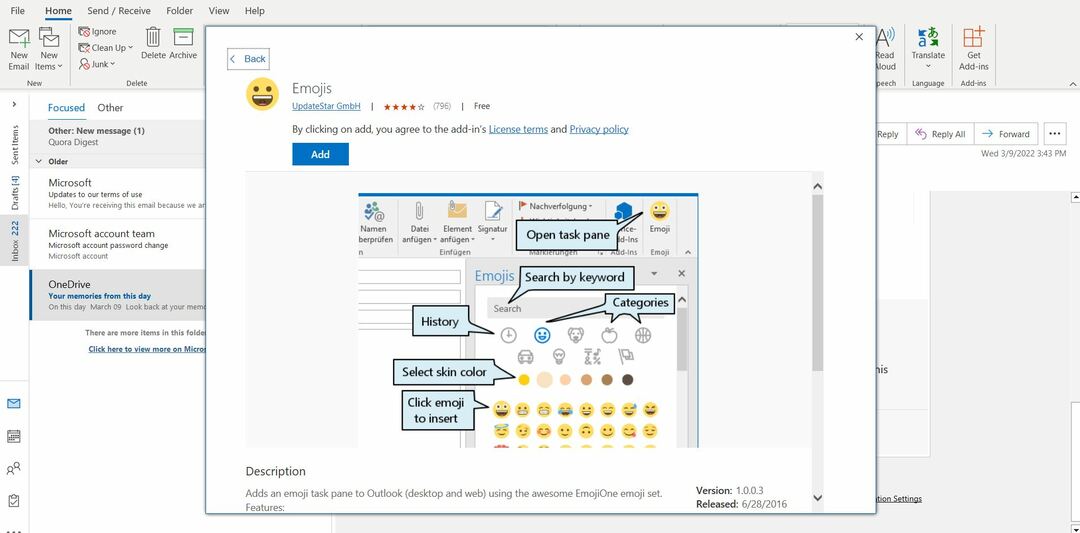 Pievienojiet emocijzīmes no Outlook Emojis pievienojumprogrammas