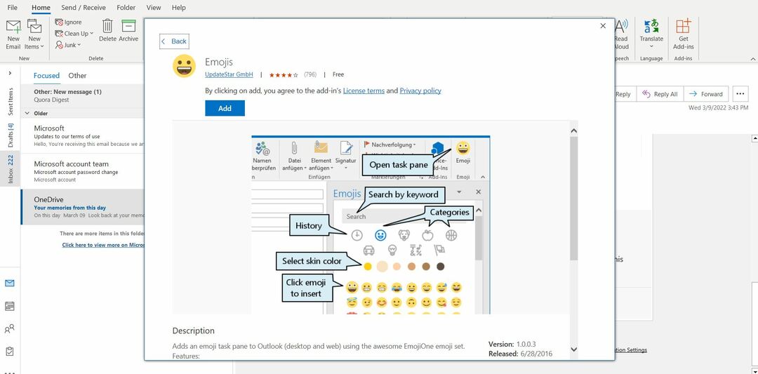 Dodajte Emojis iz dodatka Outlook Emojis