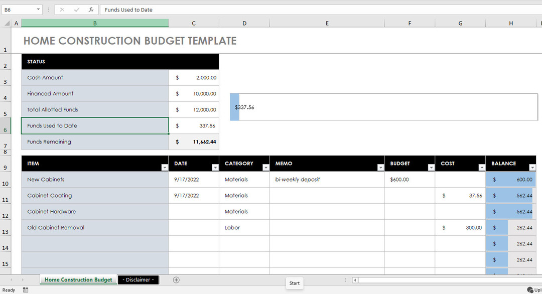 Home Construction Budget tracker Excel list