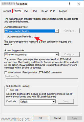 Configurer les méthodes d'authentification du serveur VPN PPTP