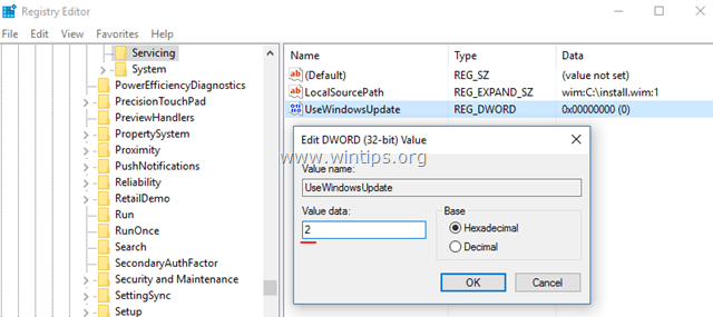 UseWindowsUpdate 2 (не использовать обновление Windows)