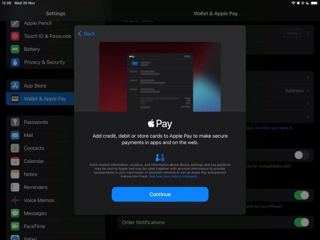 снимок экрана, показывающий окно Apple Pay на iPad