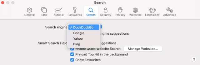 اختيار محرك البحث الافتراضي في Safari على جهاز Mac