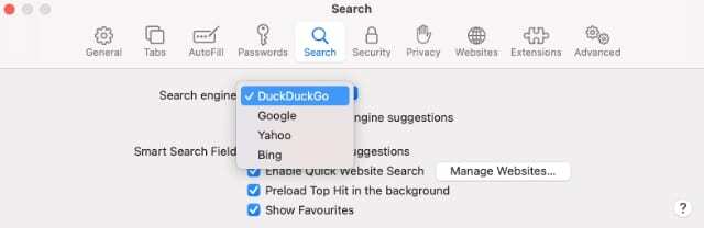 Valg af en standardsøgemaskine i Safari på Mac