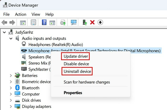 Perbarui dan Copot opsi driver di Device Manager