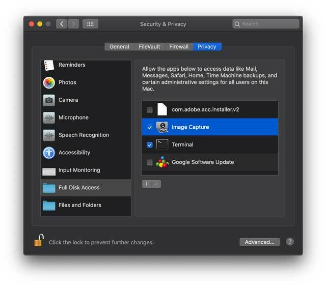 Grant Image Capture لتطبيق Full Disk Access في macOS