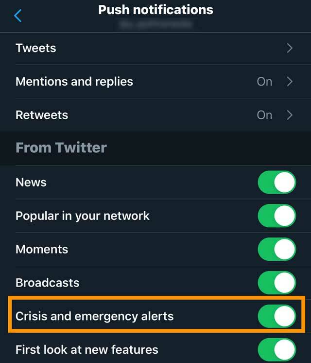 avvisi di emergenza tramite l'app Twitter su iPhone