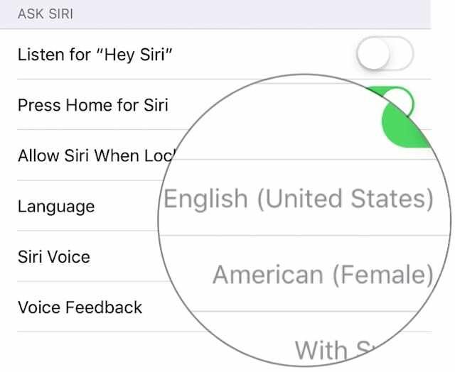 Siri ხმა და ენა
