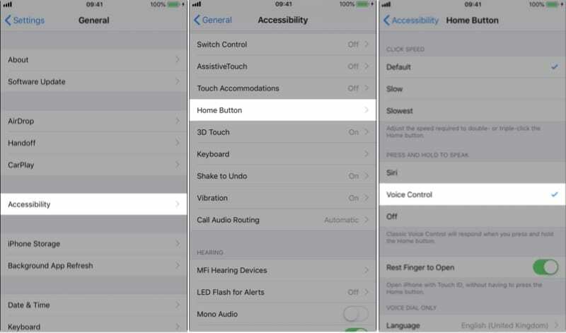 Tillgänglighet Hem-knapp Röststyrning i iPhone-inställningar.