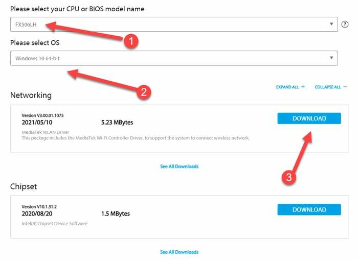 Valitse CPU- tai BIOS-mallinimi ASUS-ohjaimen latausta varten