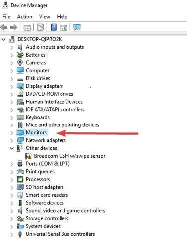 Cliquez sur la catégorie des moniteurs dans le gestionnaire de périphériques