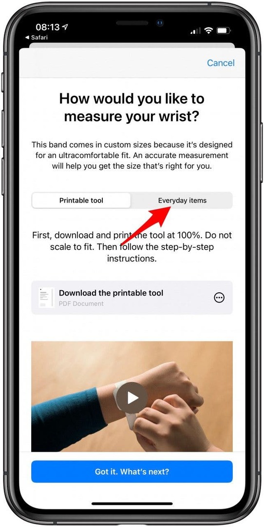 यदि आप पहले से ही अपनी कलाई को रूलर से माप चुके हैं, तो दैनिक वस्तुओं पर टैप करें।