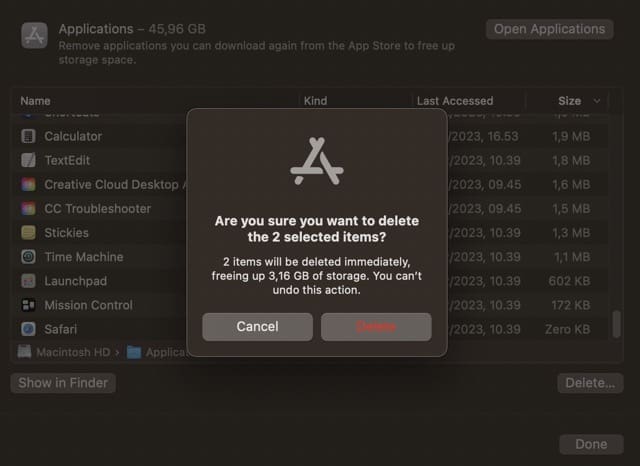 Ștergeți captura de ecran de confirmare a aplicației Mac