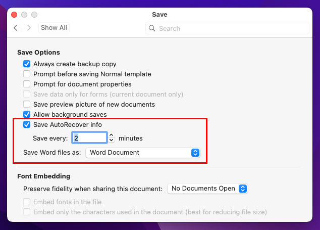 L'emplacement de la fonction de récupération automatique de Word dans les préférences de sortie et de partage