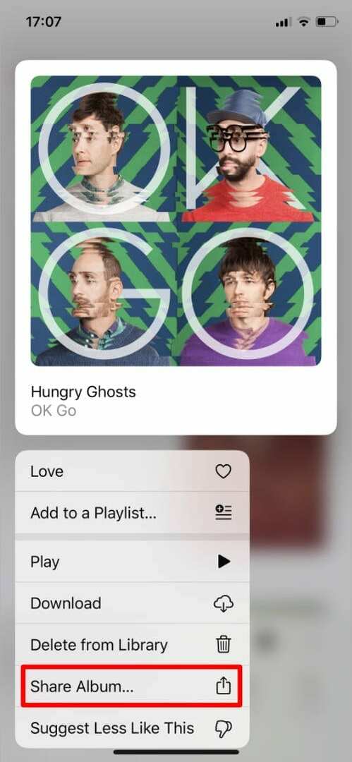Apple Music albums Ātrā darbība ar pogu Kopīgot albumu
