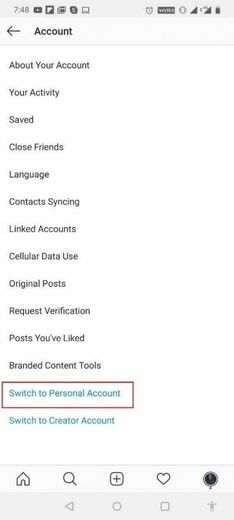 Alegeți să comutați la contul personal pe instagram