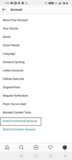 Escolha mudar para conta pessoal no instagram