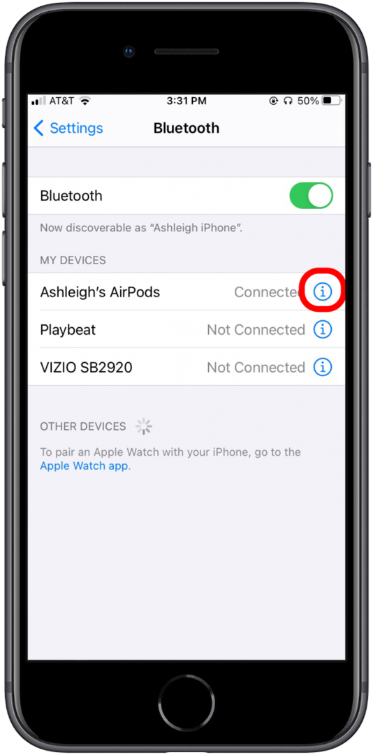 Tippen Sie auf das blaue „i“ neben Ihrem Bluetooth-Gerät.
