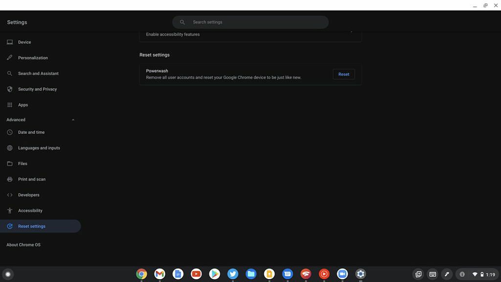 Powerwash en la configuración de Chrome OS