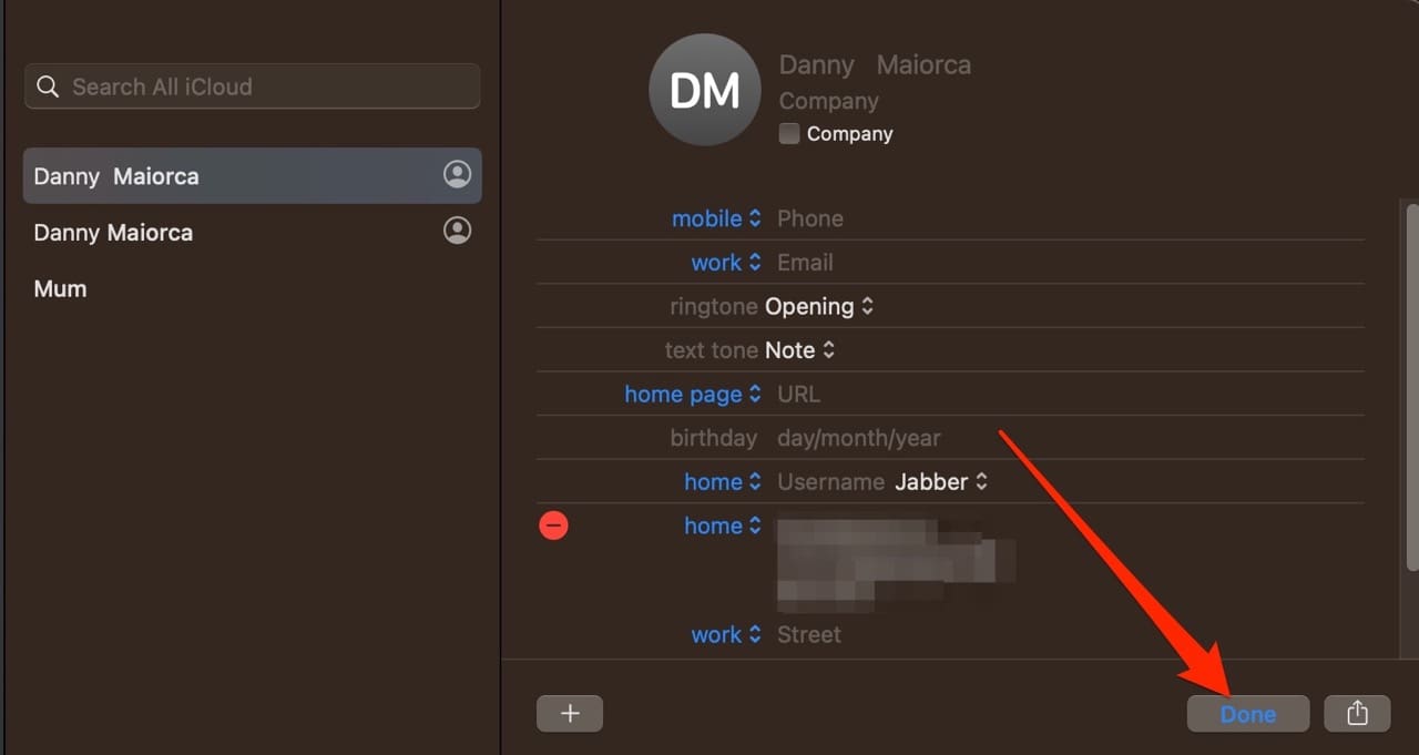 Skærmbillede, der viser, hvordan du afslutter redigeringen af ​​et kontaktkort i macOS