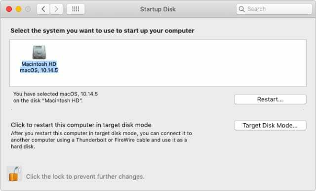 Okno Startup Disk v macOS