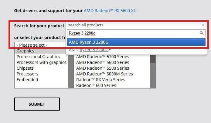 חפש מנהלי התקן של AMD Ryzen 3 2200g