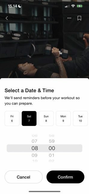 Снимок экрана, показывающий, как запланировать тренировку в Nike Training Club