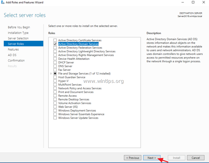 aggiungi servizi di dominio Active Directory 2016