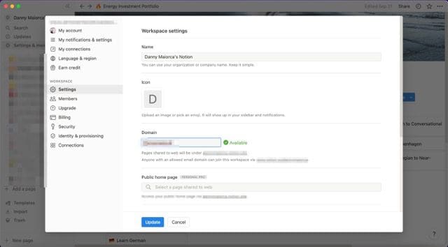 Screenshot, der eine benutzerdefinierte Domänenoption für Notion auf dem Mac zeigt